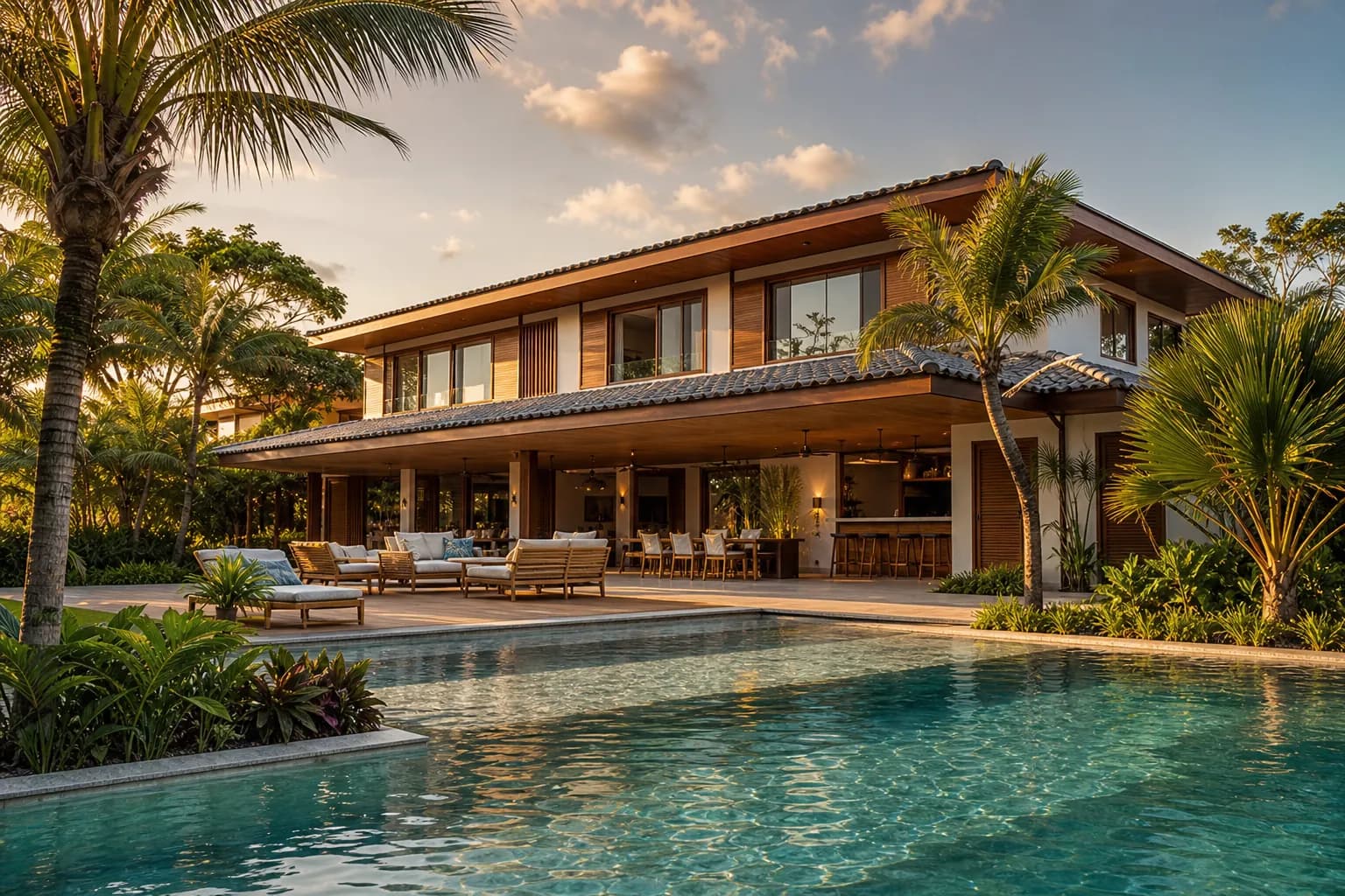 Casa contemporânea cercada por palmeiras, com varanda ampla e piscina